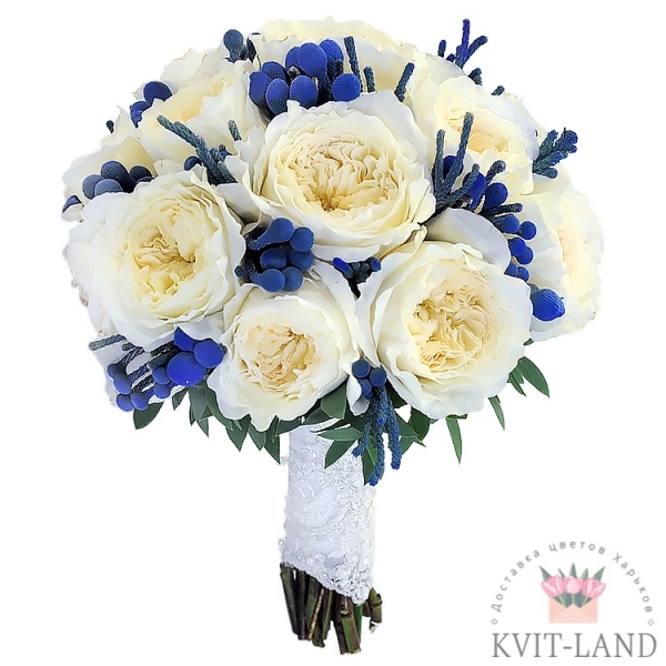 букет невесты бело-синего цвета
